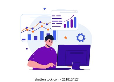 Diseño moderno de diseño de banners web. El hombre analiza datos, estudios gráficos y desarrolla estrategias y planes de marketing para la promoción de negocios. Ilustración vectorial con la escena de personas aisladas