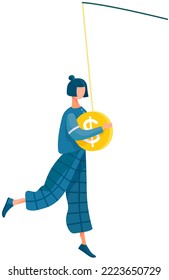 Marketing move, trick, publicity stunt, girl make money. Money income concept. Girl with coin hanging on fishing rod. Teenager with dollar coin, profit and salary. Woman walks holds money, lucky catch