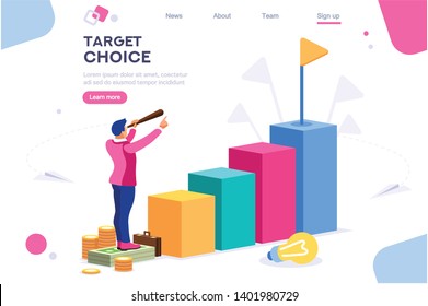 Marketing Moving Up Path. Target Choice. Achievement and Grow Goal Measurement Run Concept for Web Banner Infographics Images. Flat Isometric Illustration Isolated on White Background