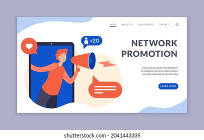 Marketing Network Promotion. Digital Advertising Of New Business Projects And Customer Acquisition. Promotion Of Creative Commercial Ideas. Global Online Management. Vector Landing Page Flat Banner