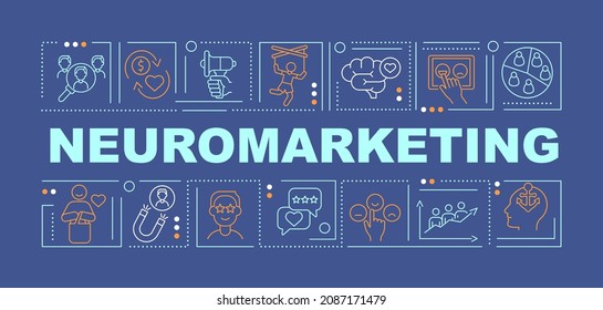 Marketing neuroscience word concepts banner. Assess consumer behavior. Infographics with linear icons on blue background. Isolated creative typography. Vector outline color illustration with text