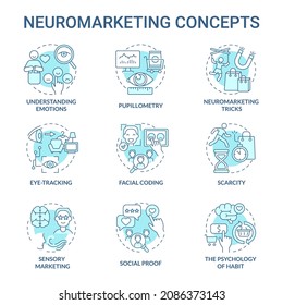 Marketing neurosicence concept icons set. Commercial psychology. Emotions research. Consumer behavior tracking idea thin line color illustrations. Vector isolated outline drawings. Editable stroke