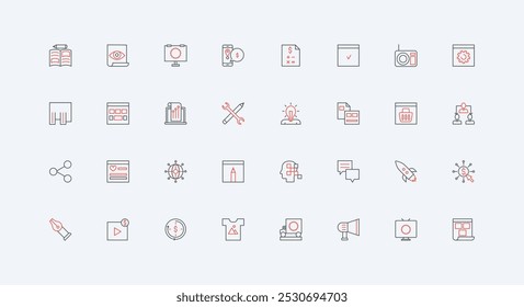 Campaña de marca de marketing, noticias y publicidad en redes sociales, vallas publicitarias y conjunto de iconos de líneas de medios masivos. Megáfono, Representante influyen en los delgados símbolos de contorno negro y rojo Ilustración vectorial