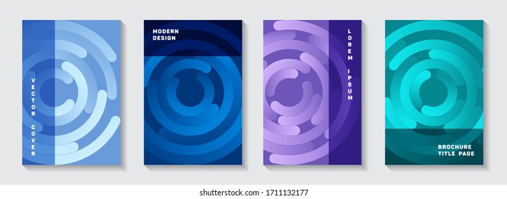 El bloc de notas de marketing cubre maquetas. Los círculos de gradiente de banner técnico giran los fondos vectoriales. Objetivo: el concepto de los círculos de logro de los objetivos. Diseños de portadas de revistas abstractas.