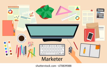 Marketing. Office. The workplace marketer. The view from the top. Vector illustration.