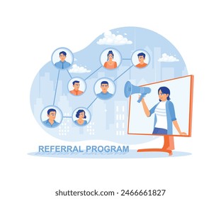 Marketing on social media. People share business information and make money. Referral Program concept. Flat vector illustration.