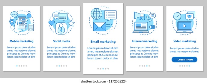 Marketing onboarding mobile app page screen with linear concepts. Social media, mobile, email, internet, video advertising. Targeted and contextual advert. UX, UI, GUI vector illustration