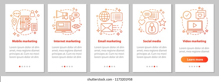 Marketing onboarding mobile app page screen with linear concepts. Social media, mobile, email, internet, video advertising steps. Targeted and contextual advert. UX, UI, GUI vector illustrations