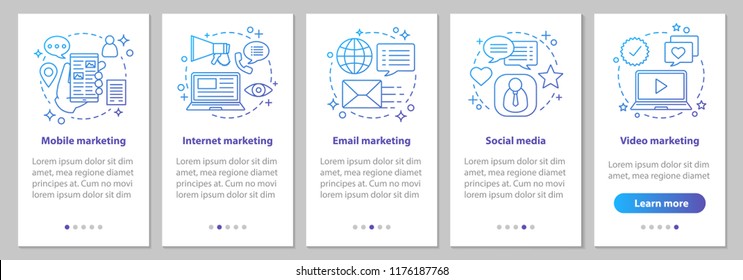 Marketing onboarding mobile app page screen with linear concepts. Social media, mobile, email, internet, video advertising steps. Targeted and contextual advert. UX, UI, GUI vector illustrations