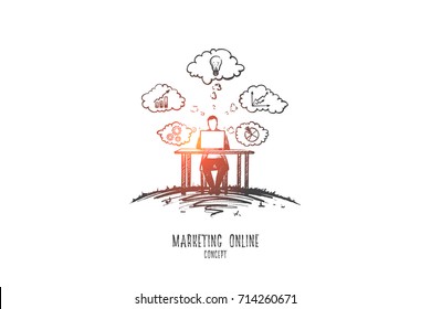 Marketing online concept. Hand drawn advertising manager using laptop computer. Businessman doing online communications and analytics isolated vector illustration.