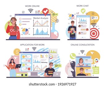 Marketing online service or platform set. Market research and analysis. Company promotion, market trends development. Online work, chat, application, consultation. Isolated flat vector illustration