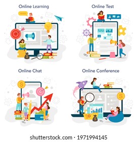 Marketing online service or platform set. Business promotion educational school course, product advertising through social networks. Online learning, test, chat, conference. Flat vector illustration