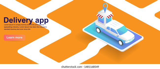 Marketing and online shopping delivery concept. Isometric Smartphone and shopping bag, trucks with store and GPS navigator on the road. web template and landing page.