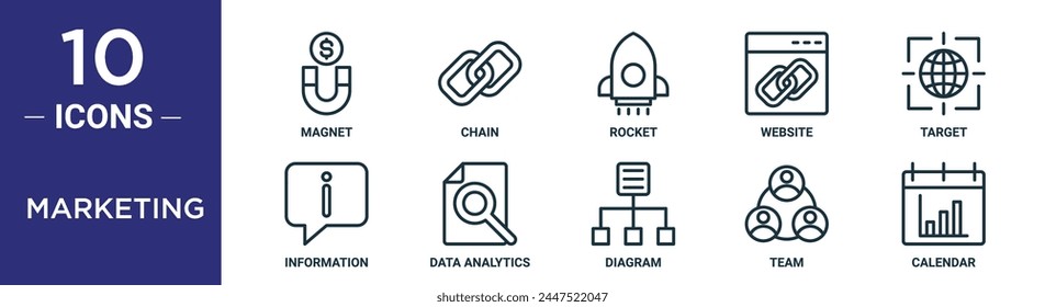 Marketing Outline Icon Set enthält dünne Linie Magnet, Kette, Rakete, Website, Ziel, Informationen, Datenanalyse Icons für Bericht, Präsentation, Diagramm, Webdesign