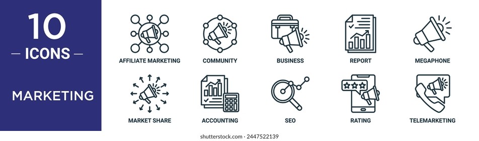 Marketing Outline Icon Set umfasst Thin Line Partner Marketing, Community, Business, Report, Megaphone, Marktanteile, Buchhaltungssymbole für Bericht, Präsentation, Diagramm, Webdesign