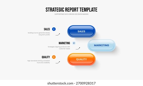 Marketing Overview Three Step Infographic Presentation Template. Professional Portfolio Frame Layout Vector Illustration. Investor Briefing 3 Element Diagram Slideshow Design.