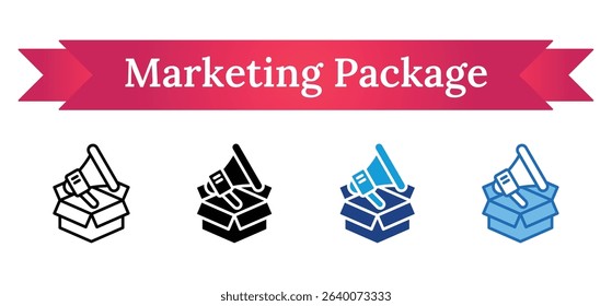 Marketing Package Multi Style - Open box with megaphone symbolizing product promotion, brand awareness, or advertising campaign