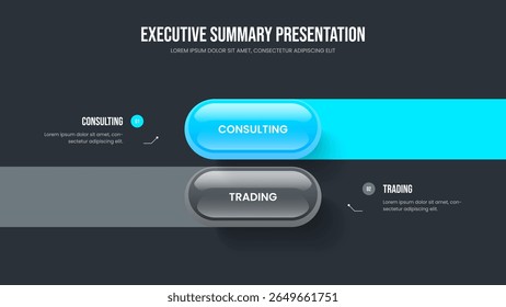 Marketing Performance 2 Step Infographic Slide Template. Product Analysis Two Element Diagram Slideshow Design. Market Growth Frame Layout Vector Illustration.