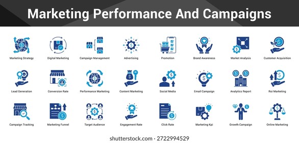 Marketing Performance And Campaigns Cohesive set of minimalist vector icons representing key ideas with visual clarity