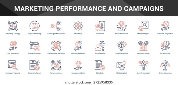 Marketing-Performance und Kampagnen Zusammenfassende minimalistische Vektorsymbole, die wichtige Ideen mit visueller Klarheit darstellen