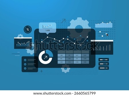 Marketing performance dashboard with conversion metrics, engagement charts and automated reporting. Marketing performance dashboard for digital ad campaign optimization and growth vector illustration