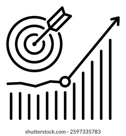 marketing performance icon, designed with black editable stroke, a line chart shows a turning point , alongside an arrow target 