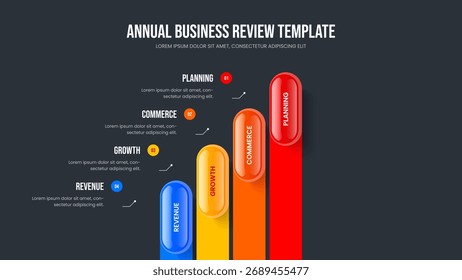 Ilustração de vetor de design de slide de desempenho de marketing. Modelo de apresentação de slides do diagrama de elemento 4 de revisão de consultoria. Layout da apresentação infográfica de quatro etapas do lançamento do projeto.