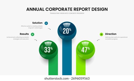 Marketing Performance Three Element Infographic Slideshow Layout. Market Forecast 3 Step Diagram Slide Design. Minimalist Report Frame Template Vector Illustration.