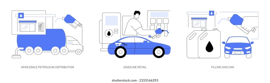 Comercialización de productos petrolíferos conjunto de ilustraciones vectoriales conceptuales abstractas. Distribución al por mayor de petróleo y diesel, venta al por menor de gasolina, gas de llenado, gasolinera, gasolinera, metáfora abstracta de la industria petrolera.