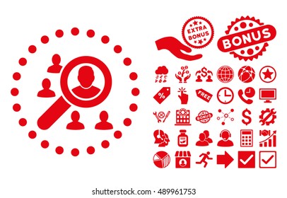 Marketing pictograph with bonus elements. Vector illustration style is flat iconic symbols, red color, white background.