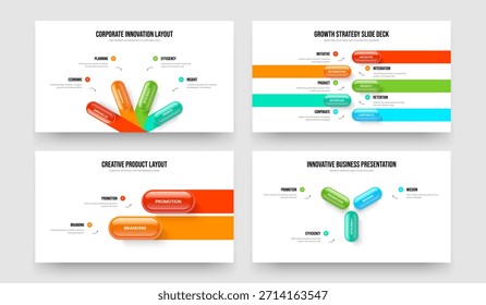 Plan de marketing 4 5 2 3 Diagrama de opciones Paquete de Plantilla de presentación. Colección de Ilustración vectorial de diseño de diapositivas de infografía de cuatro, dos y tres elementos.