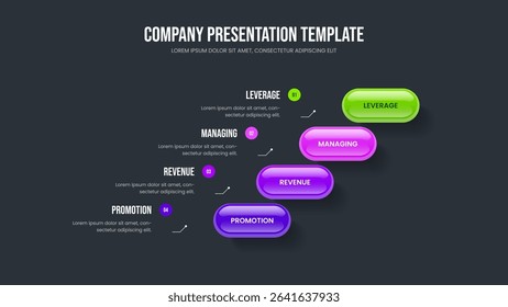 Marketing Plan 4 Element Diagram Frame Layout. Product Overview Four Step Infographic Slide Template. Corporate Introduction Presentation Design Vector Illustration.