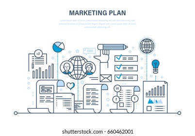 Marketing plan, business advertising, e-commerce, seo, branding, sales promotions, strategy and planning. Illustration thin line design of vector doodles, infographics elements.
