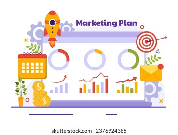 Marketing Plan and Business Strategy Vector Illustration with Effective Time Planning and Budget Growth in Target Flat Cartoon Background Design