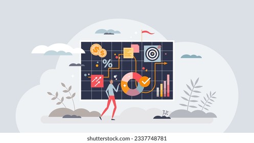 Marketing plan and commercial or promotion strategy tiny person concept. Advertising management with campaign financial budget, control and schedule vector illustration. Work flow with objectives.