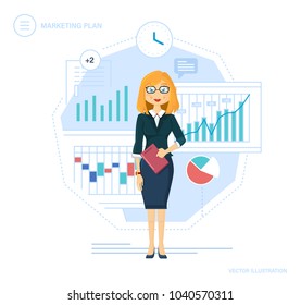 Marketing plan. Control, time management, planning business objectives and results, analysis, statistics, organization questions, growth finance, achievements of goals. Illustration in cartoon style.