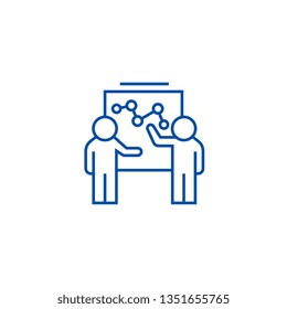 Marketing plan discussion line icon concept. Marketing plan discussion flat  vector symbol, sign, outline illustration.