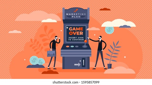 Marketing plan fail, creative gamer over game concept, flat tiny business person vector illustration. Start-up ad strategy research and experiment outcome. Problem growing company and earning profits.