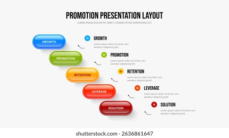 Marketing Plan Five Step Diagram Slide Template. Investor Introduction 5 Element Infographic Slideshow Layout. Market Launch Frame Design Vector Illustration.