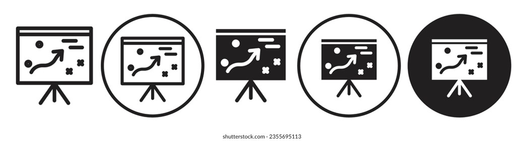 Marketing Plan Icon. Company business strategy symbol. Vector set of corporate tactic planning decision solution. Flat outline of management presentation diagram on board. Market analysis graph logo
