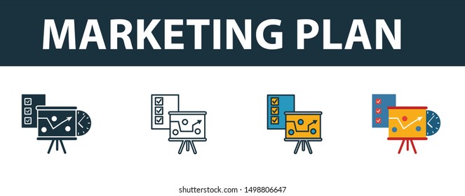 Marketing Plan icon set. Four elements in diferent styles from online marketing icons collection. Creative marketing plan icons filled, outline, colored and flat symbols.