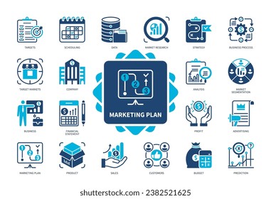 Marketing Plan icon set. Targets, Prediction, Targets, Sales, Strategy, Customers, Market Segmentation, Product. Duotone color solid icons