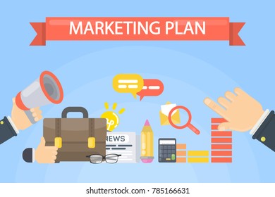 Marketing plan illustration. Concept of strategy, communication and finance.
