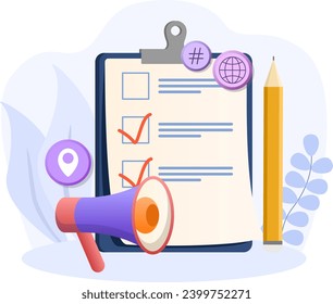 Ilustración del plan de marketing. Ilustración vectorial plana. Escribiendo con lápiz, papel del plan.