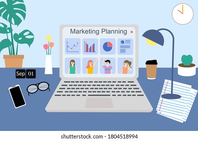 Marketing planning meeting with team via teleconference from home