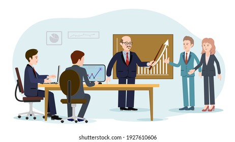 Marketing Planning. People Working Together In The Office To Implement The Plan. Marketing Of The Company. Vector For Animation. Editable Strokes. All The Details Are On Separate Layers.
