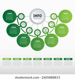 Marketing Plans and Corporate Reports. Eco-Friendly Radial Infographic. 7-Point Hub System with Business Icons and Timeline for Professional Presentations.