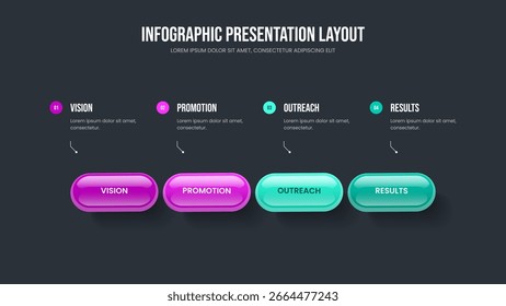 Marketing Portfolio Presentation Template Vector Illustration. Creative Showcase 4 Option Diagram Slide Design. Company Planning Four Element Infographic Slideshow Layout.