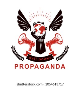 Marketing poster composed with loudspeaker equipment and raised arm holding globe, vector illustration. Global authority as the means of political and social influence