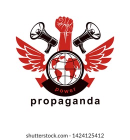 Marketing poster composed with megaphone device, Earth globe and raised clenched fist of revolutionary person, vector illustration.